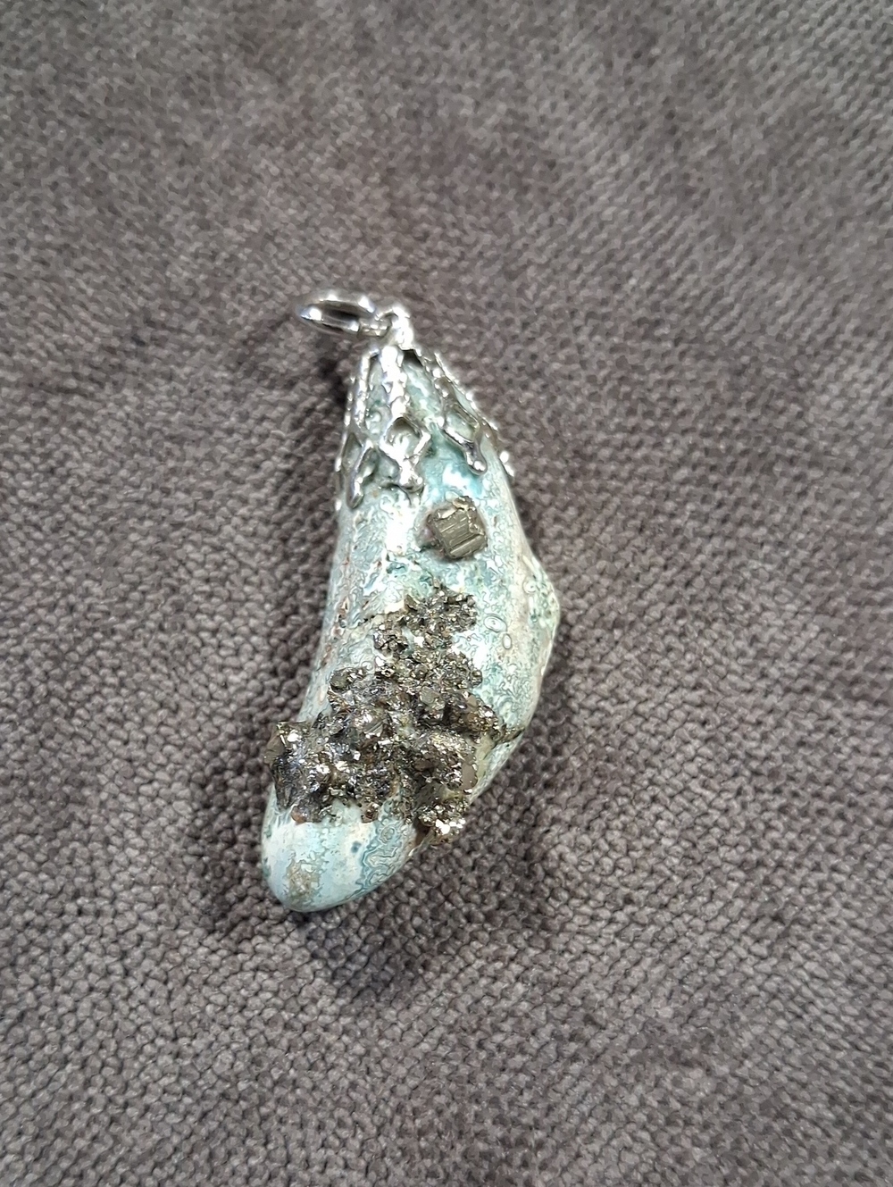 Raw Turquoise & Metallic Iron Pyrite Clusters Pendent Silver Tone Bail LIKE NEW